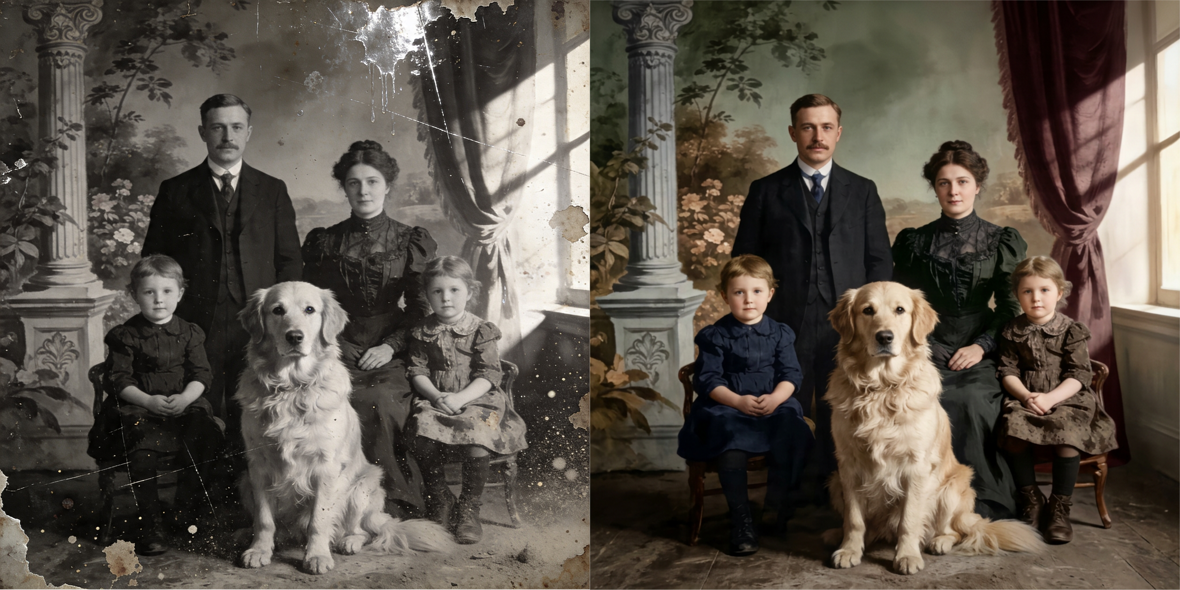 Restored vintage family photo by LumiMemoX. Before/After example of contrast recovery, scratch removal, and facial refinement