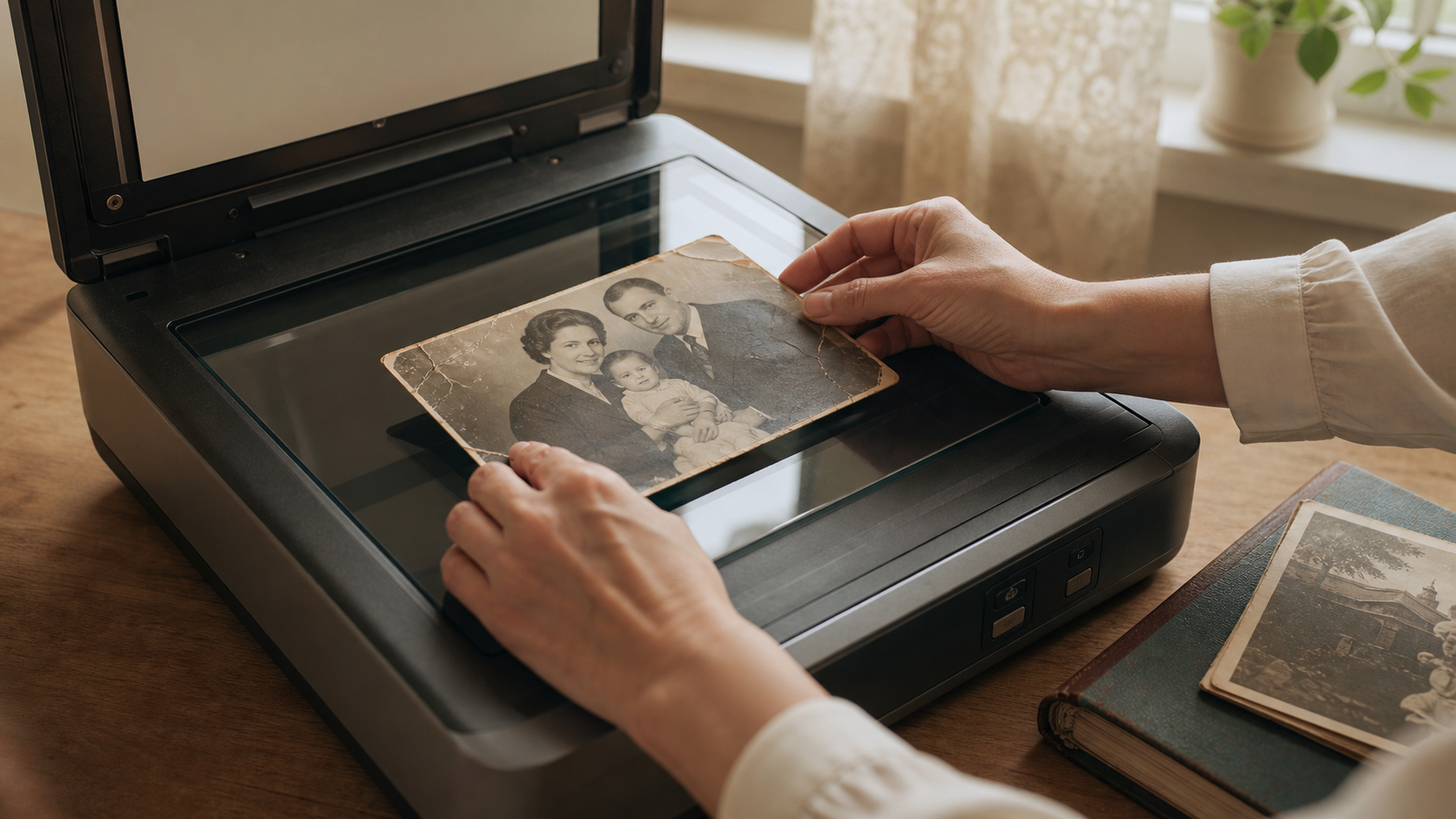 Old family photograph being carefully scanned for professional restoration by LumiMemoX.