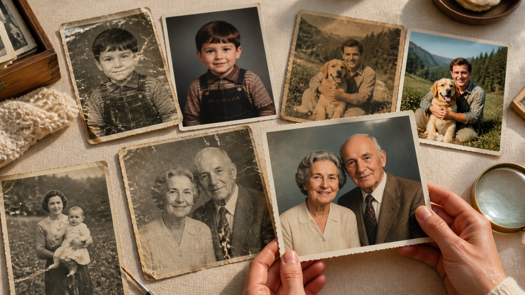 Collage of old family photos with visible damage alongside professionally restored versions, representing photo restoration, faded photo repair, and family memory preservation , by LumiMemoX