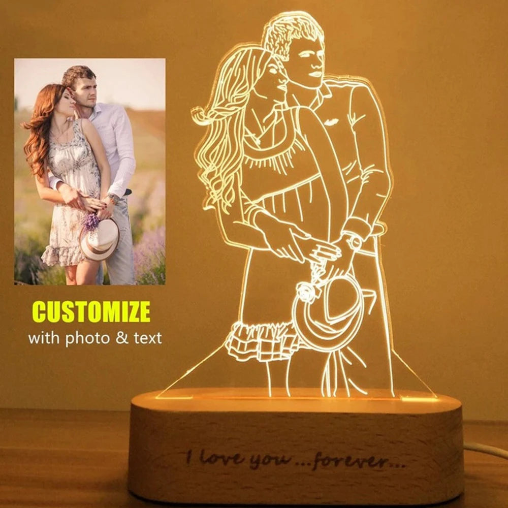 Personalized Custom Wooden Photo Frame Photo Text Customized USB LED 3D Lamp Bedroom Night Light Wedding Anniversary Birthday