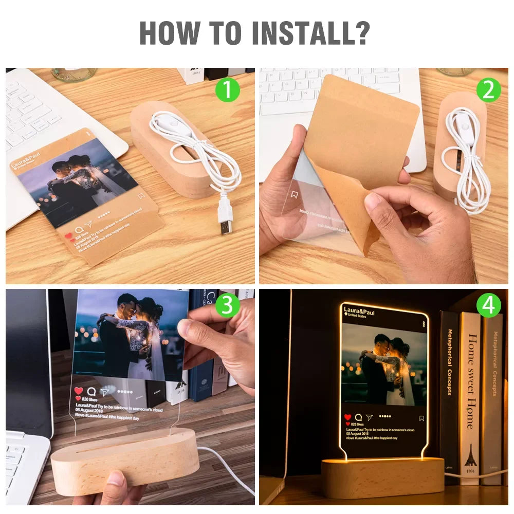 Personalized Custom Wooden Photo Frame Photo Text Customized USB LED 3D Lamp Bedroom Night Light Wedding Anniversary Birthday