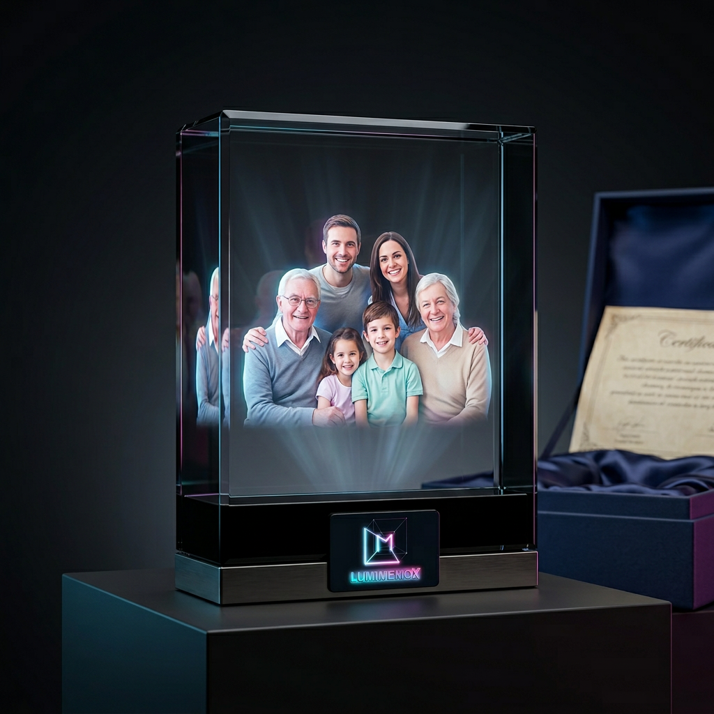 Glass display case with a family photo inside, featuring the brand 'LightBox'.