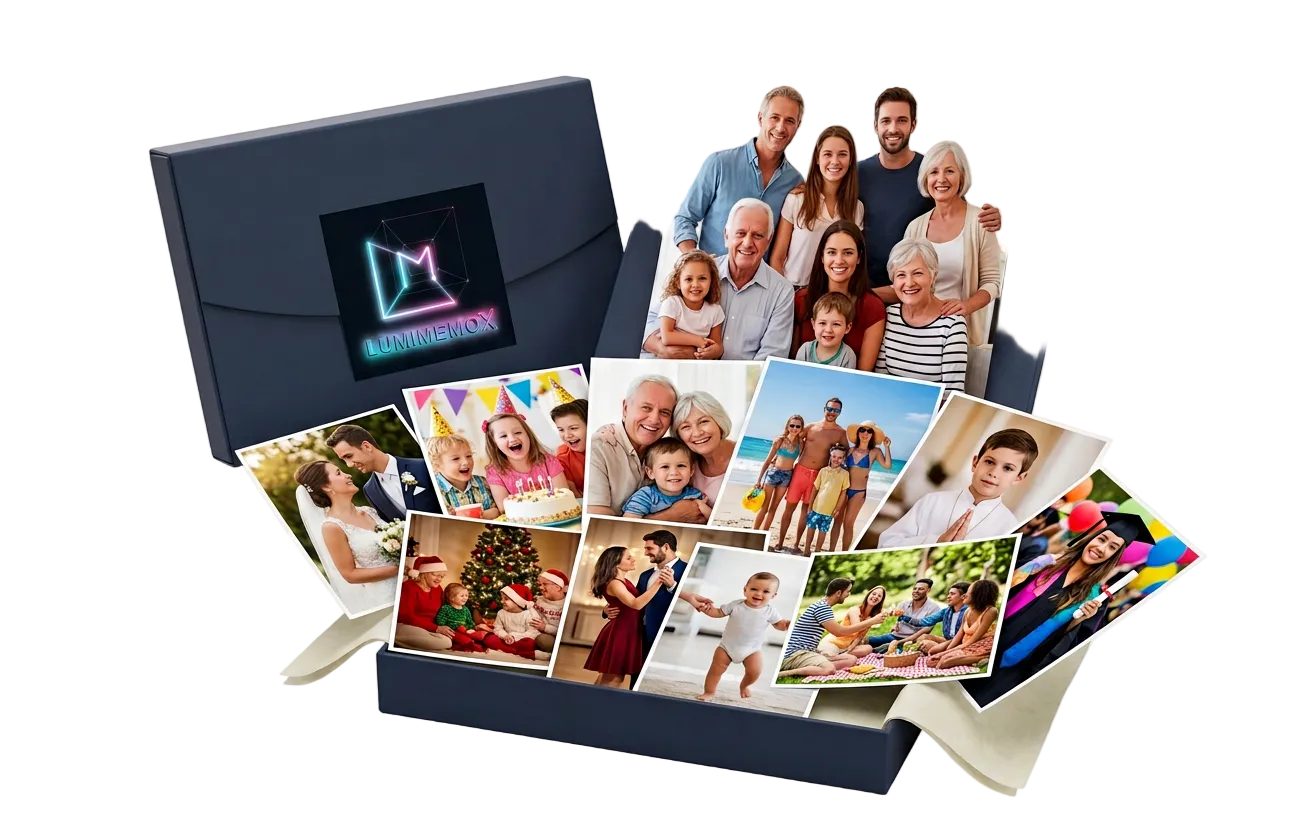 Collection of family photos displayed on a box with a photo album in the background.