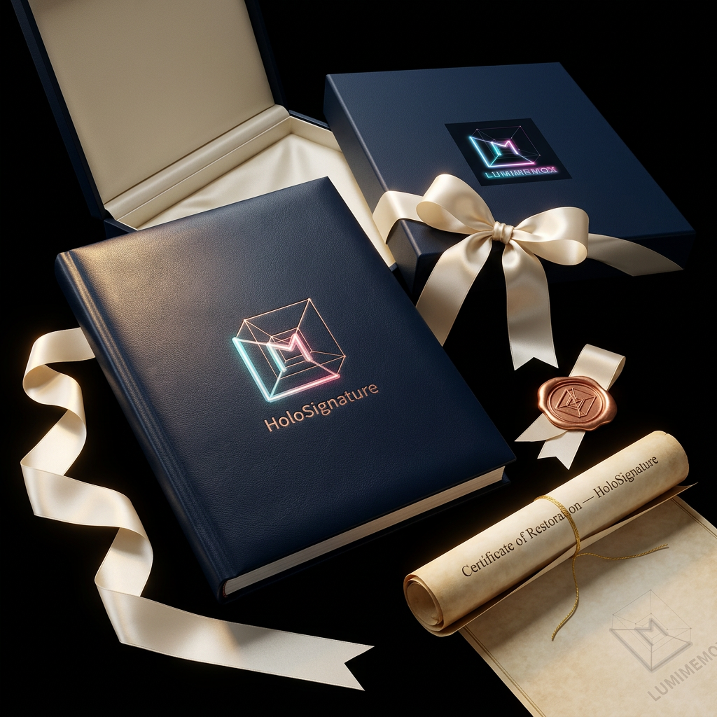 HoloSignatures product with a ribbon, box, and certificate on a dark background