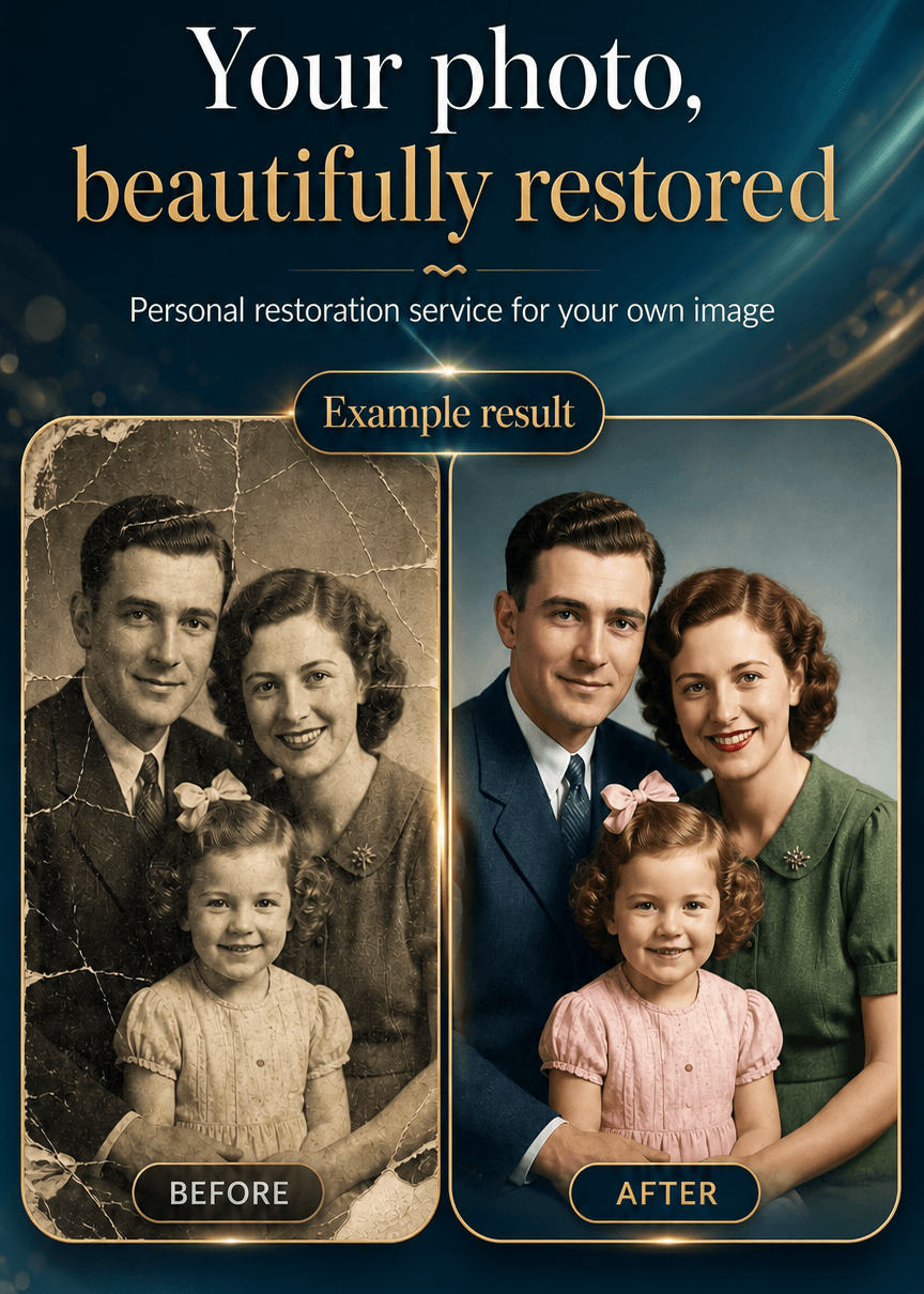 Digital restoration example showing a vintage black-and-white family photo with cracks and damage, now vibrant and clear