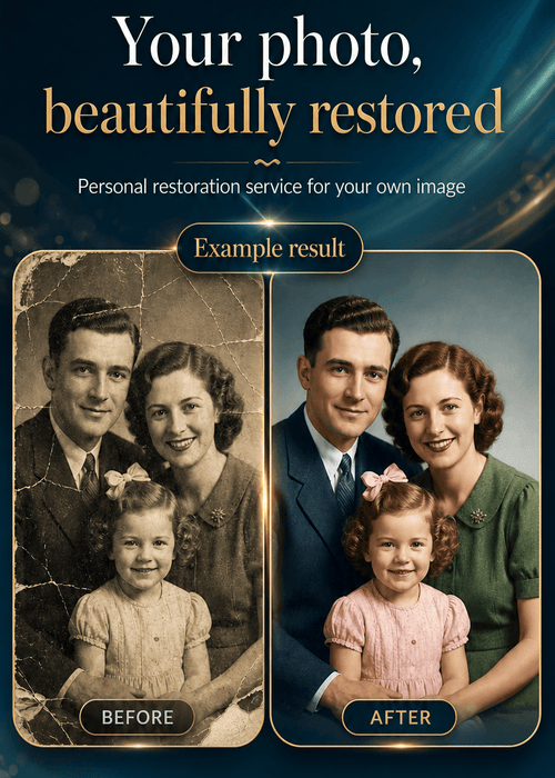 Digital restoration example showing a vintage black-and-white family photo with cracks and damage, now vibrant and clear