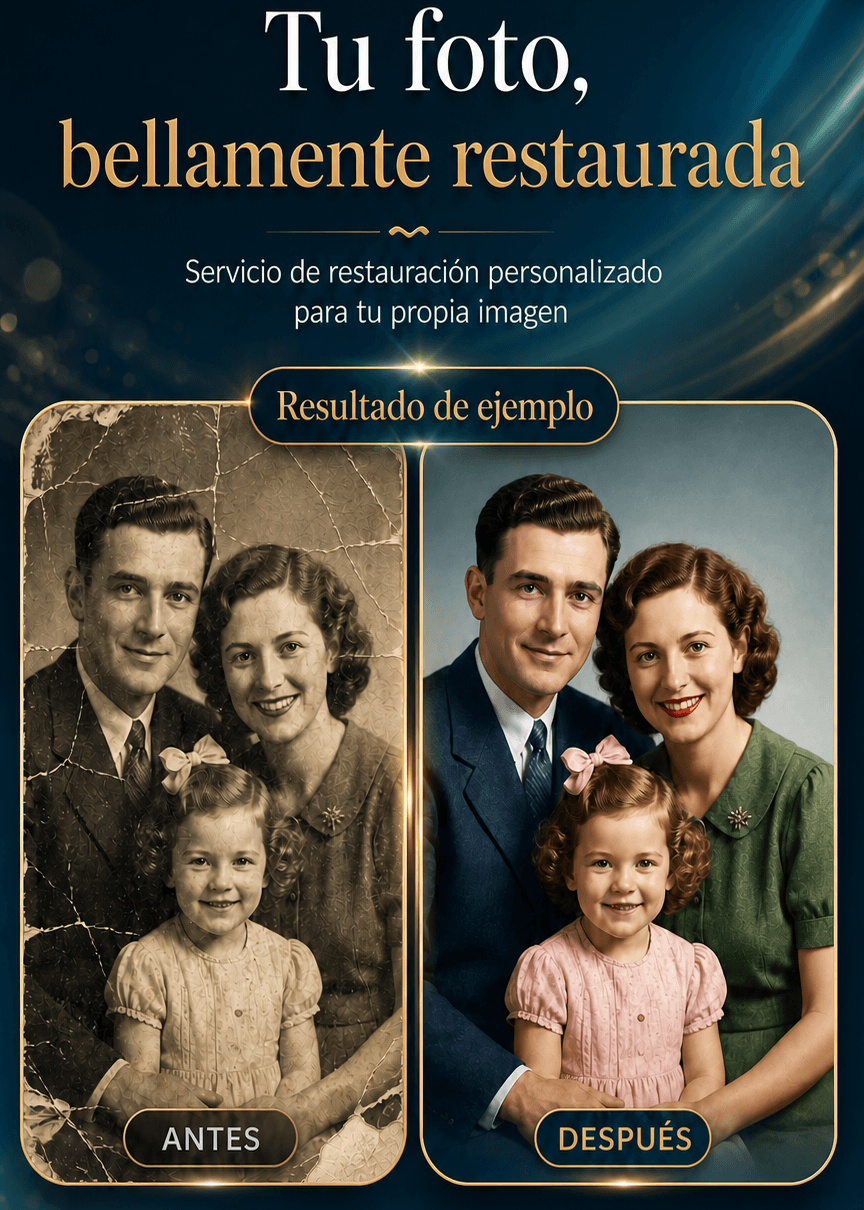Spanish promotional graphic for photo restoration service with before and after images of family photos, elegant design