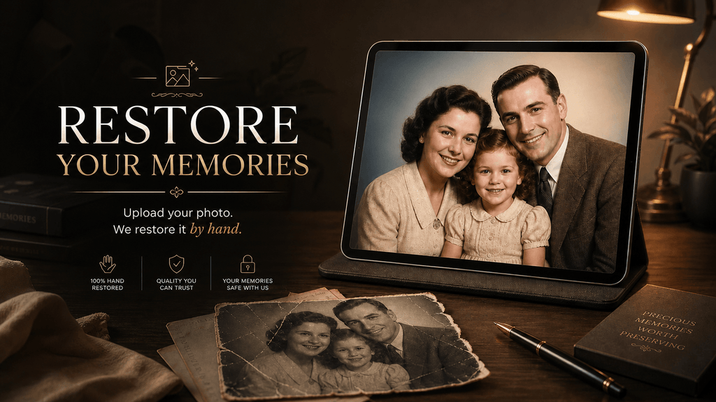 Digital tablet displaying a restored family photo of smiling parents and a young girl, with vintage photos and a pen on a wooden desk, promoting handwritten photo restoration services.
