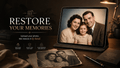 Digital tablet displaying a restored family photo of smiling parents and a young girl, with vintage photos and a pen on a wooden desk, promoting handwritten photo restoration services.