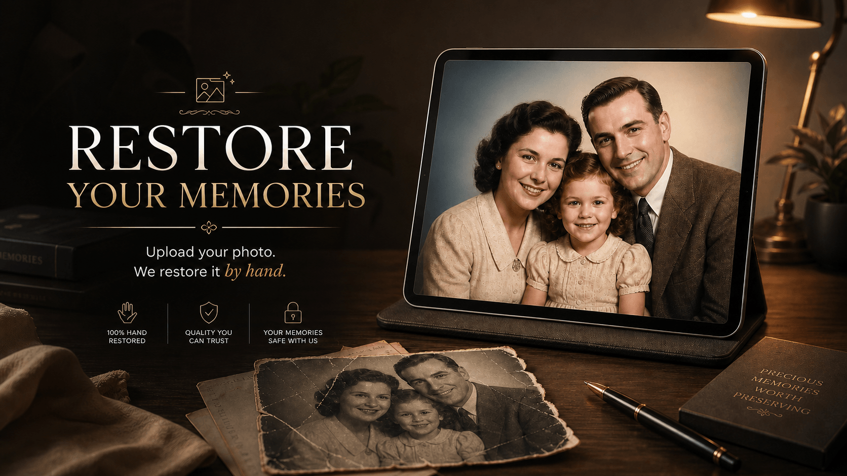 Digital tablet displaying a restored family photo of smiling parents and a young girl, with vintage photos and a pen on a wooden desk, promoting handwritten photo restoration services.