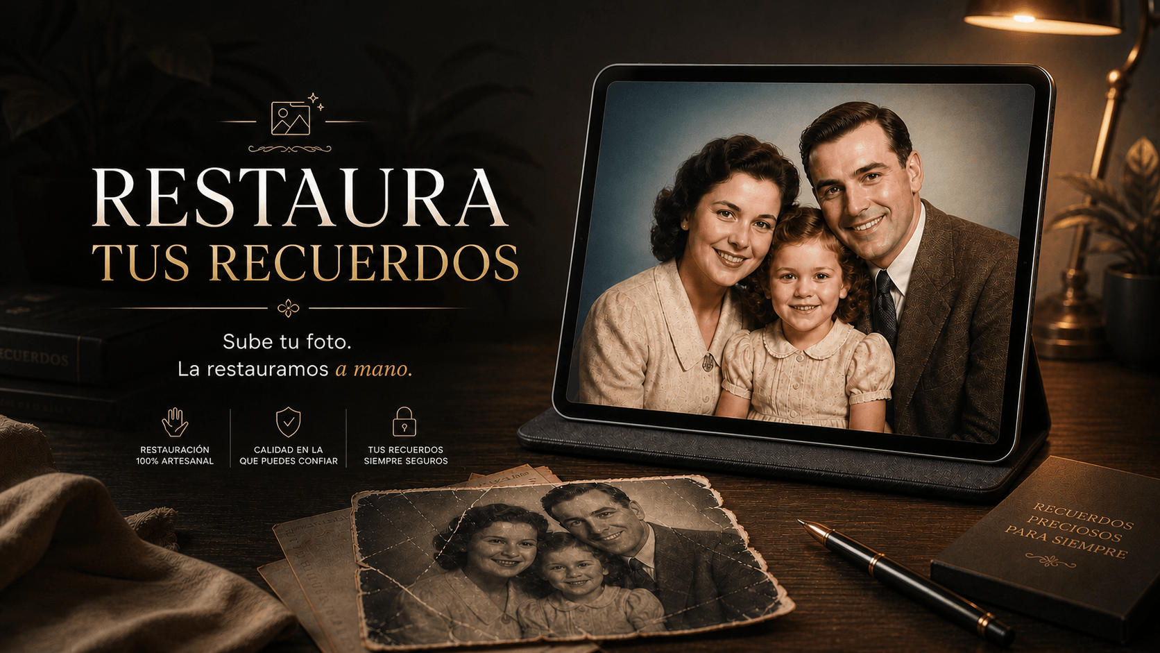 Pantalla digital con foto familiar de una pareja y una niña en tonos cálidos, restaurada con calidad artesanal, ideal para recuerdos duraderos.