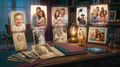 Collection of family photos displayed on a wooden surface with a warm lamp and candles.