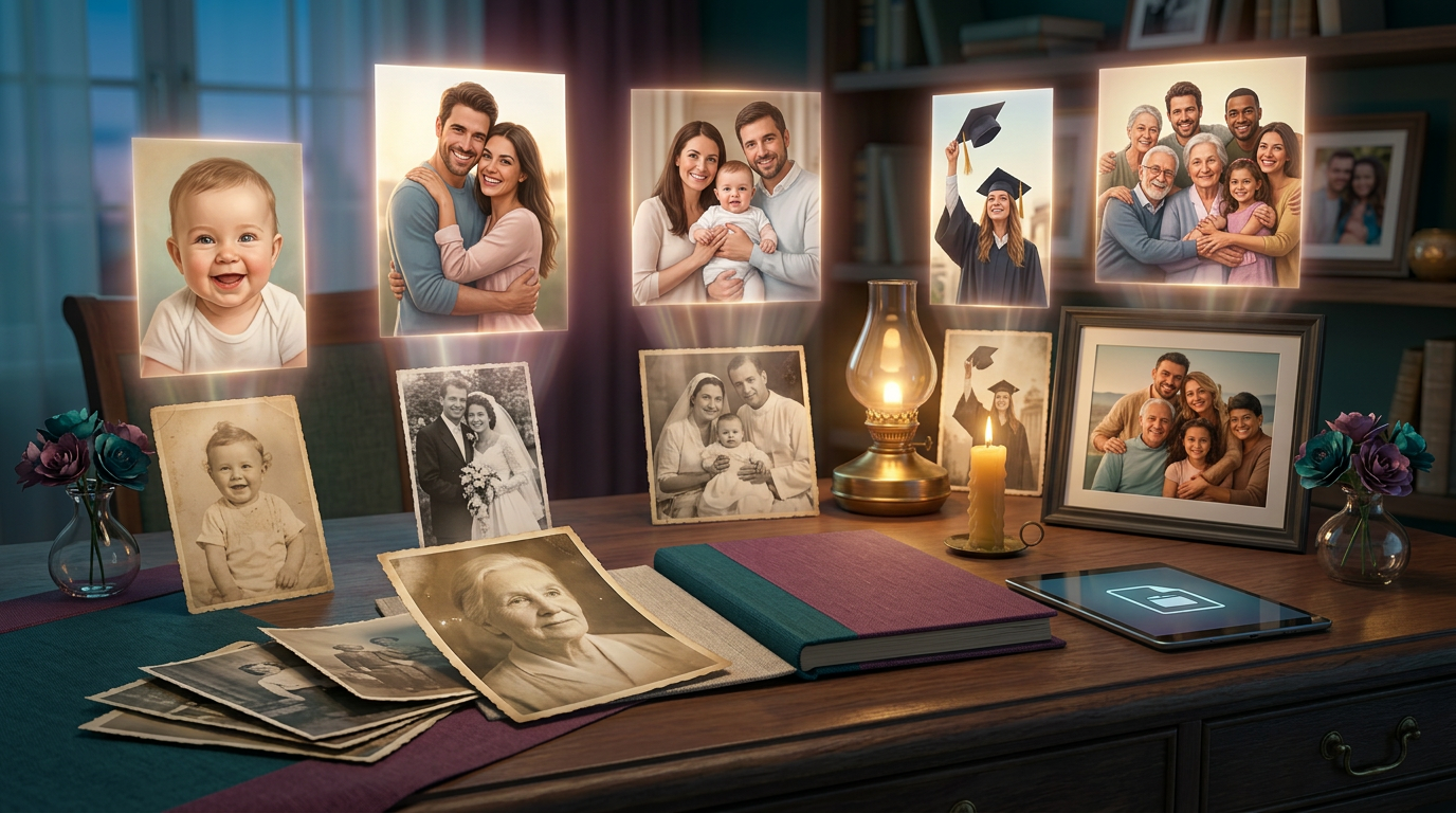 Collection of family photos displayed on a wooden surface with a warm lamp and candles.
